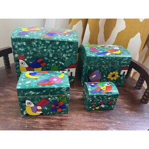 El Salvador Hand Painted Folk Art Nesting Boxes 3D Images Birds Houses Green